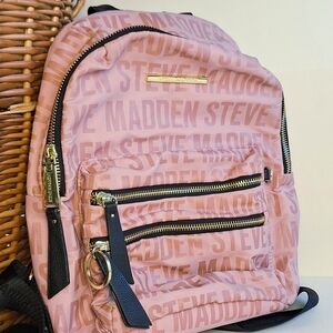 NWOT Steve Madden Blush Pink Logo Designer Backpack with Gold Zipper Black Trim